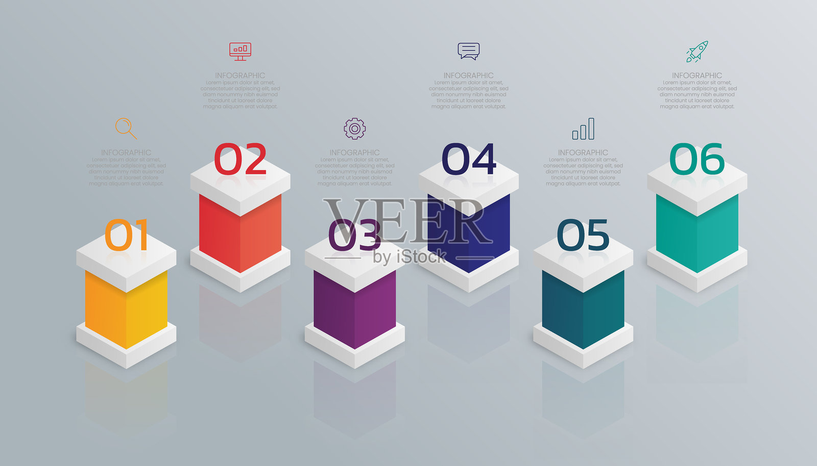 带图标的六步条形图信息图模板插画图片素材