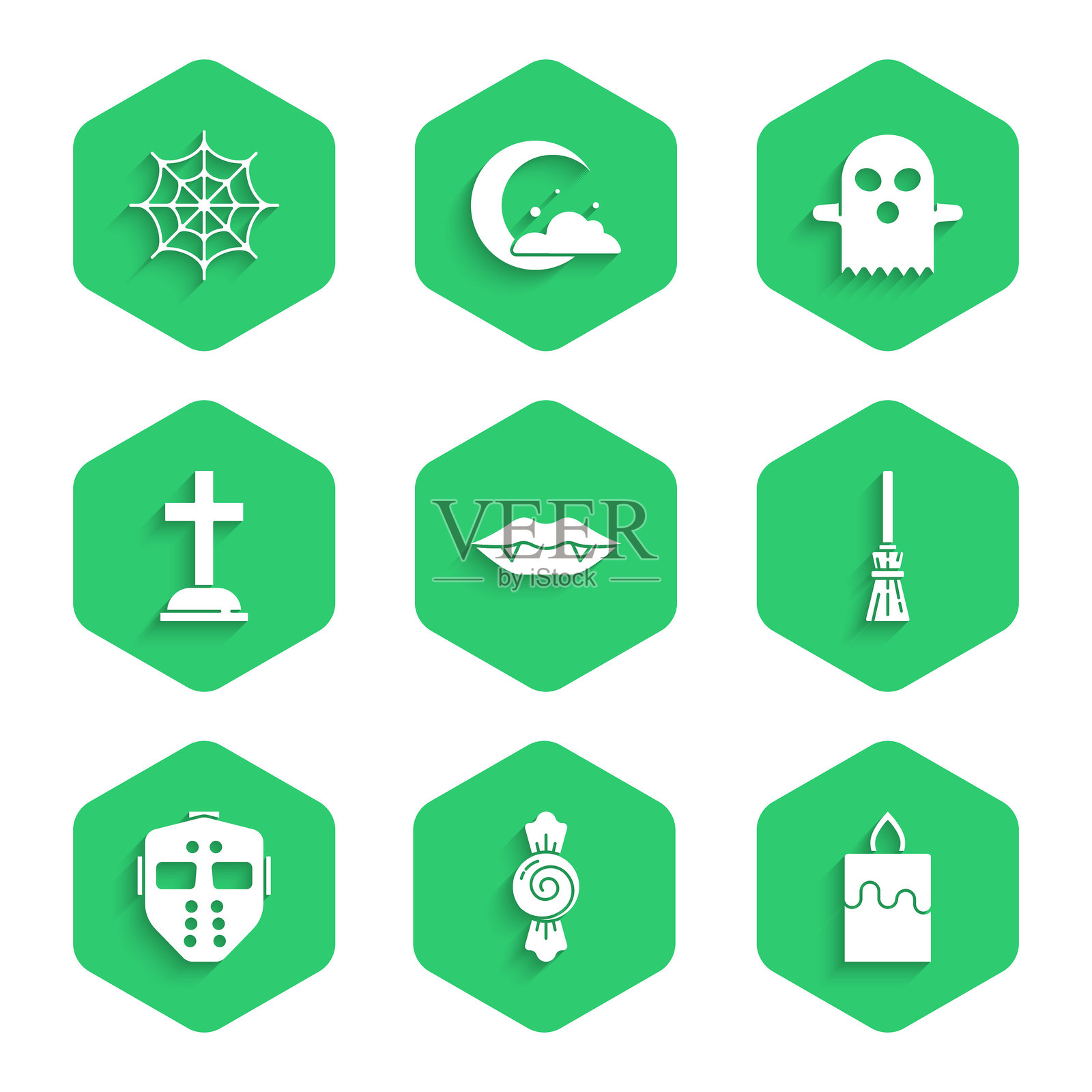 吸血鬼牙齿、糖果、燃烧的蜡烛、女巫的扫帚、冰球面具、带十字架的墓碑、鬼魂和蜘蛛网图标。矢量图。插画图片素材