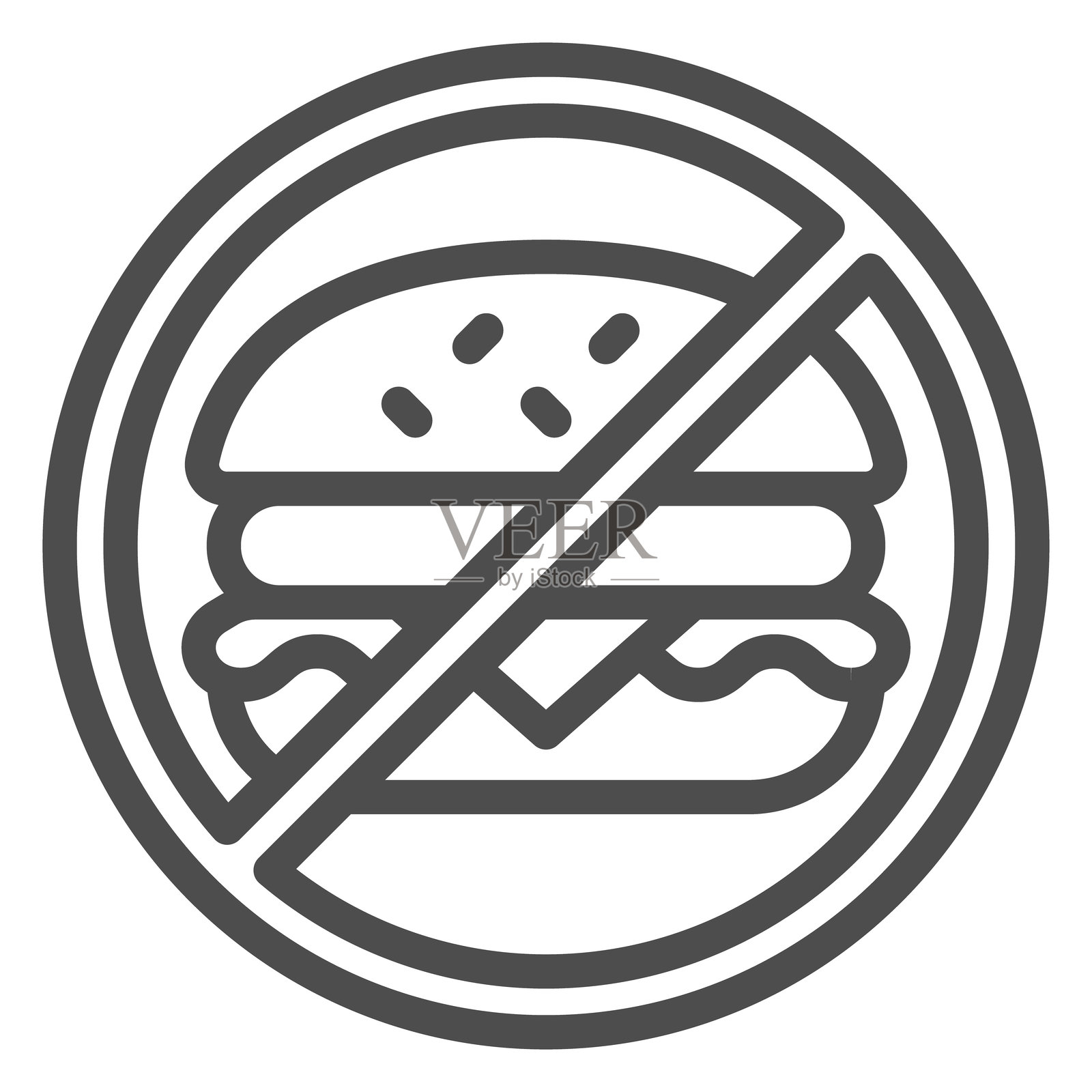 禁止肉类汉堡的线条图标,禁忌元素概念。矢量图形。白色背景上的快餐汉堡包禁止标志,适用于移动或网页设计的轮廓风格图标。插画图片素材