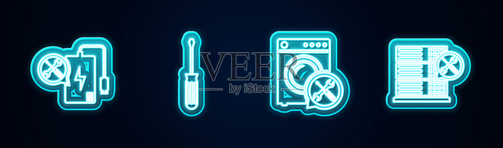 电源银行服务、螺丝刀、垫圈和数据库服务器。发光霓虹图标。矢量图。插画图片素材