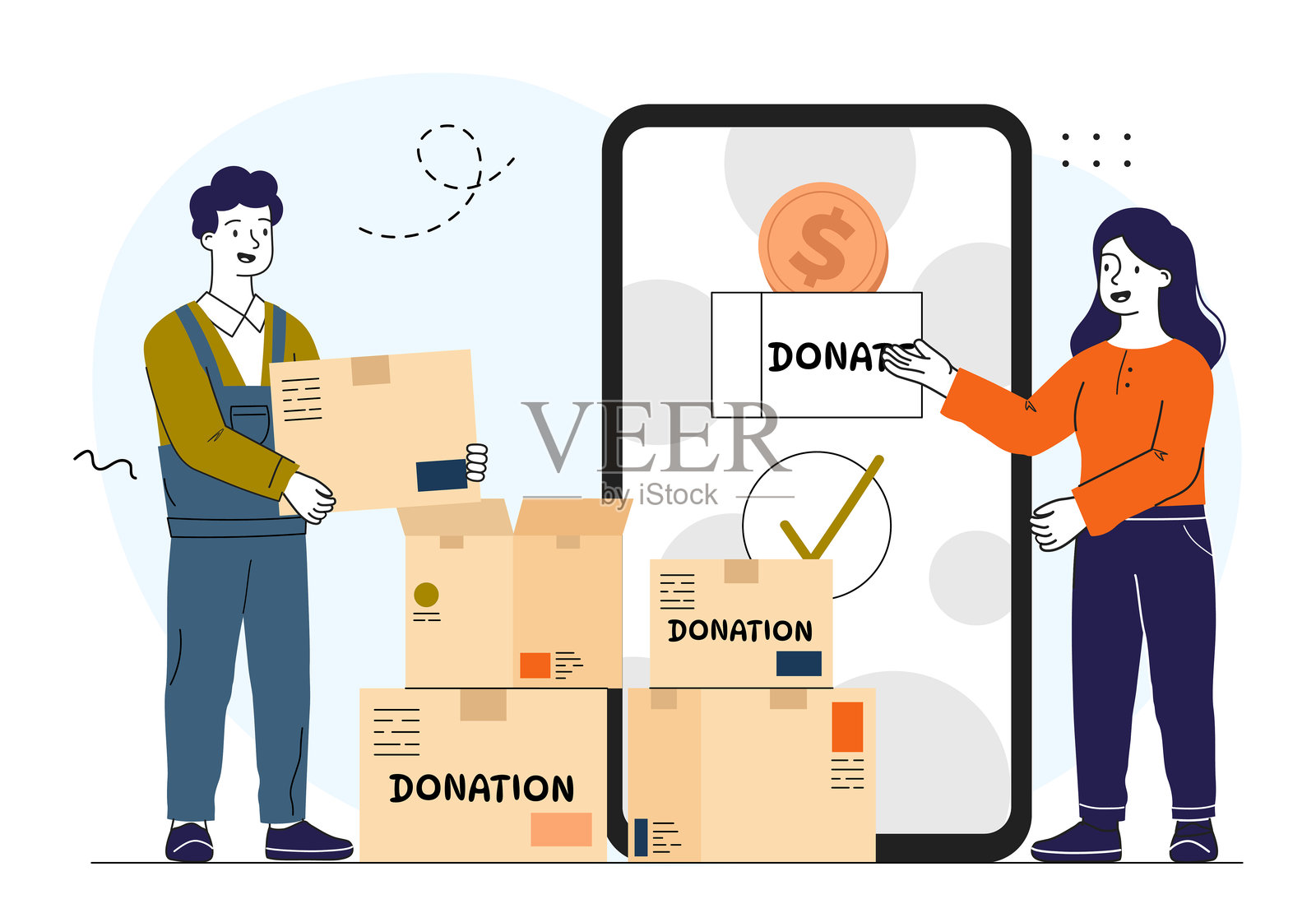 人们在捐赠。男人和女人与纸箱在智能手机旁,手机上有金色硬币。慷慨与善良。慈善基金会志愿者。线性矢量插图。插画图片素材