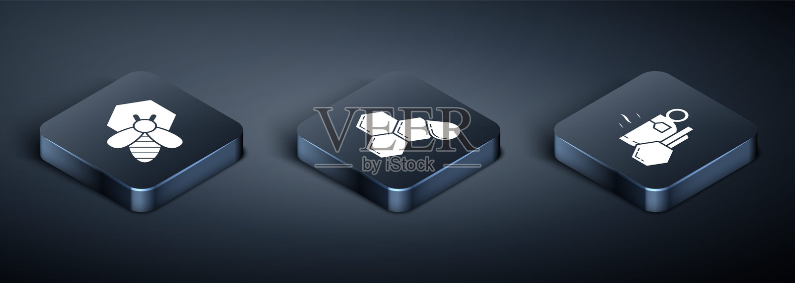 等距的蜜蜂和蜂巢,带蜂蜜的茶杯和蜂巢图标。矢量图。插画图片素材