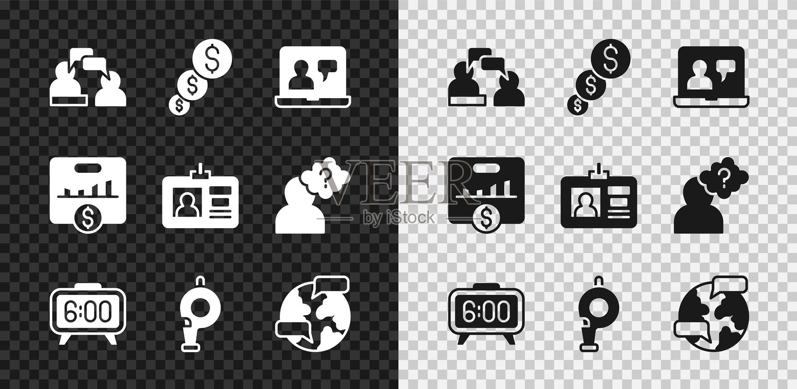 两位坐着的男士交谈,金融增长与美元,在线教育,数字闹钟,哨子,全球,关键绩效指标和身份证标志图标。矢量图。插画图片素材