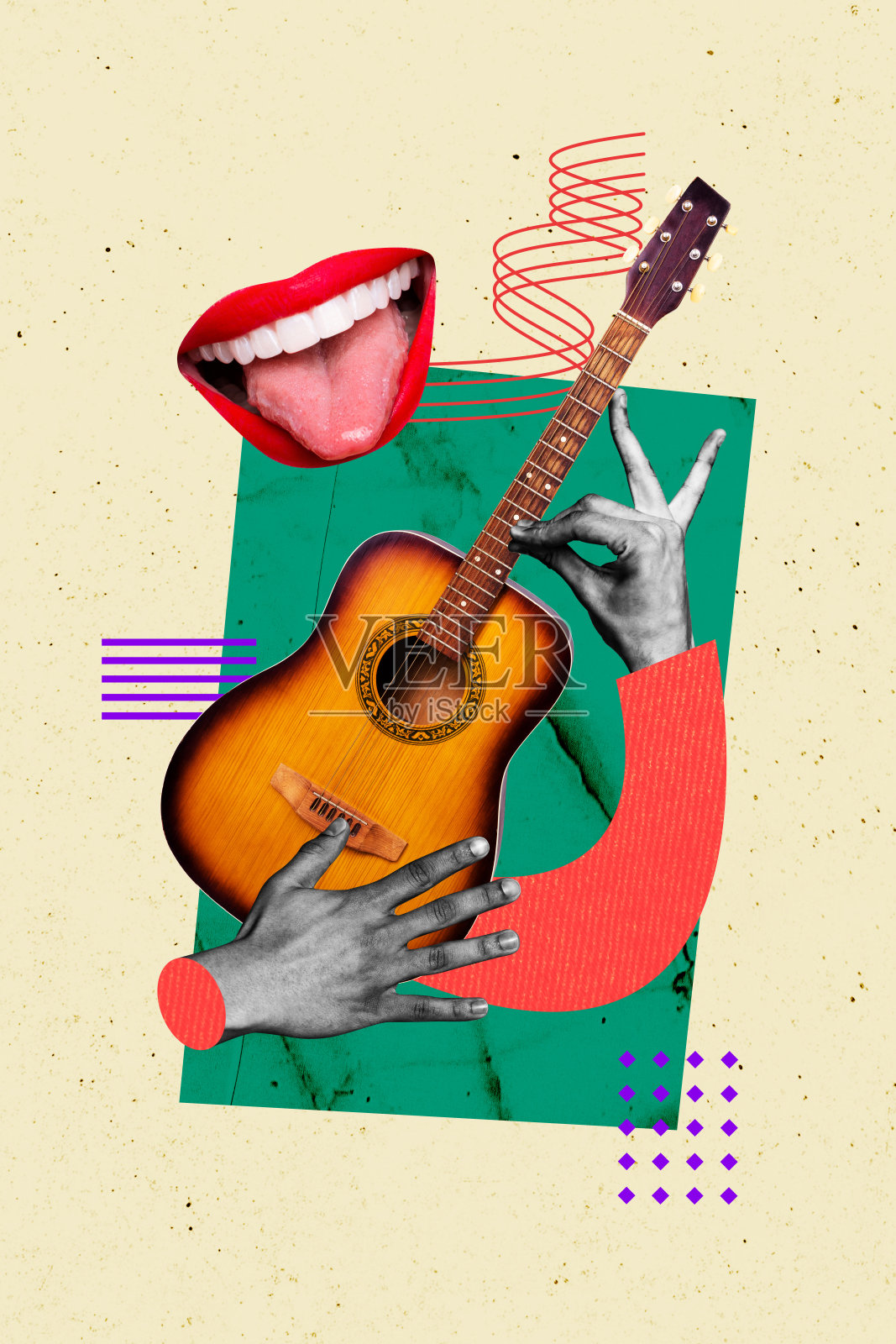 快乐的无脸微笑手握复古木吉他乐器的垂直照片拼贴,背景为涂鸦风格。照片摄影图片