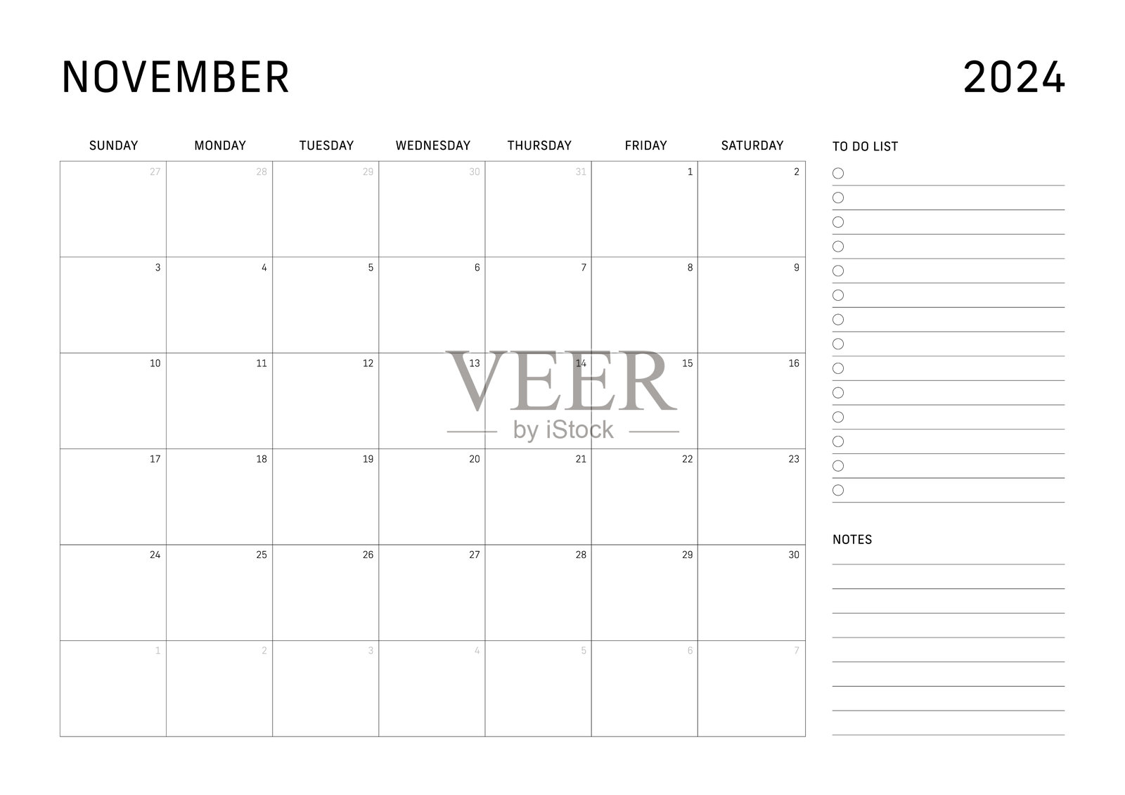 周日开始2024年11月的月历,包括待办事项清单和笔记插画图片素材
