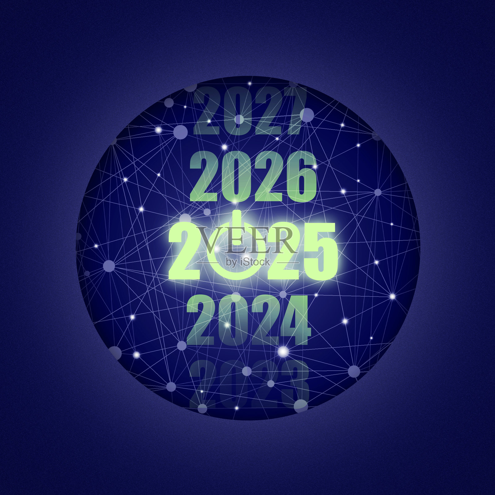 2024年、2025年、2026年。深蓝渐变数字背景上的数字和开始按钮。留白。假期。插画图片素材