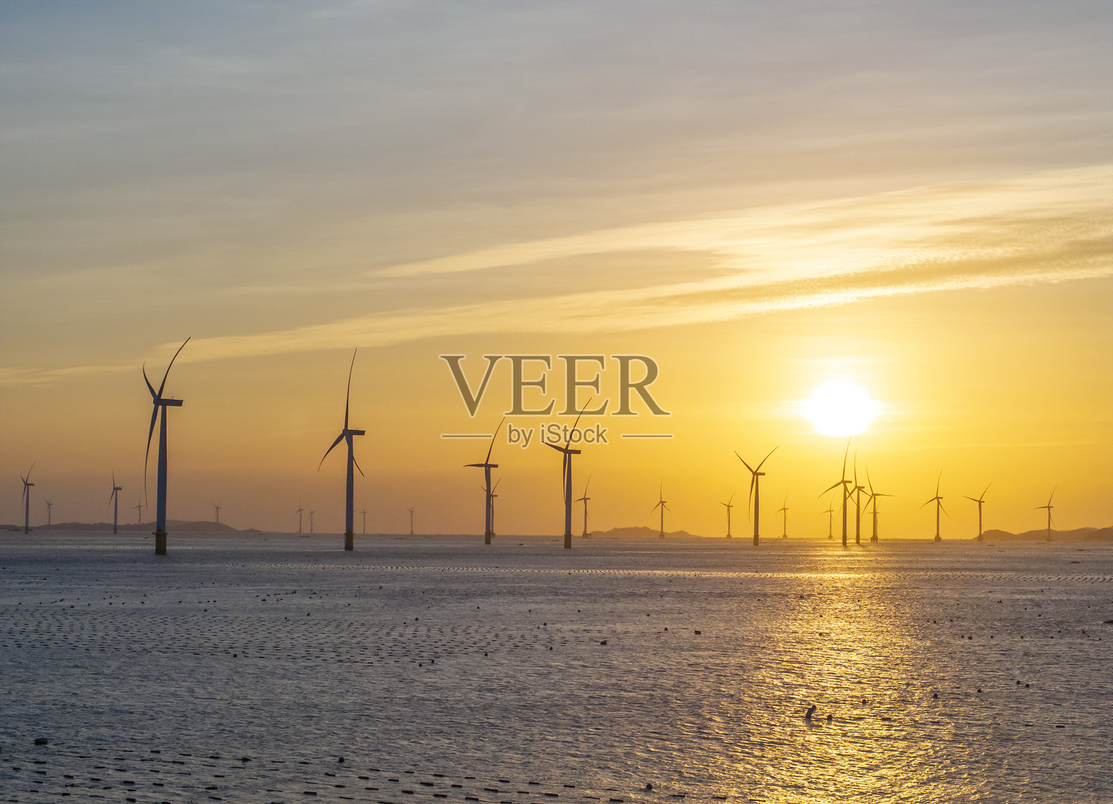 美丽晨空下的海上风力涡轮机照片摄影图片