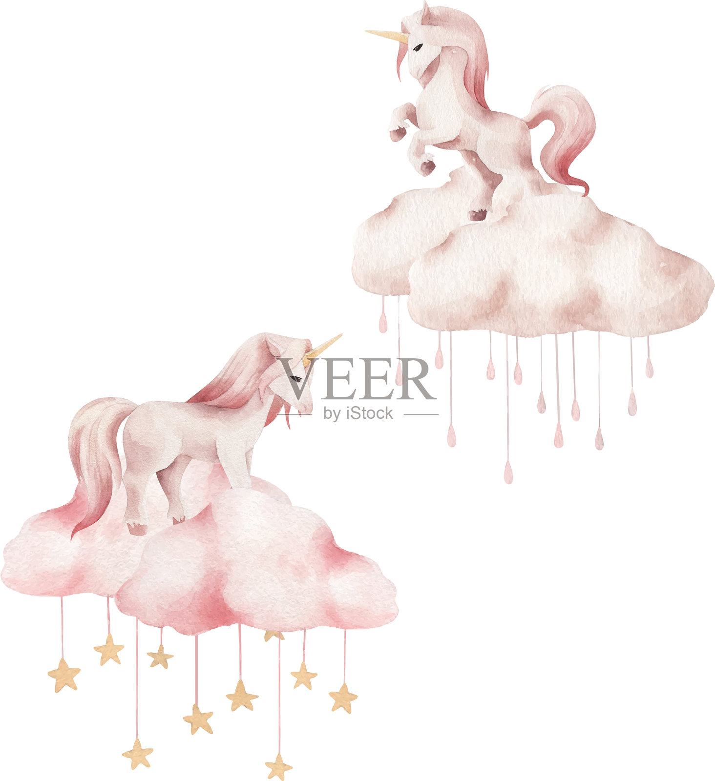 水彩矢量卡通独角兽与云朵。可爱的插图。插画图片素材