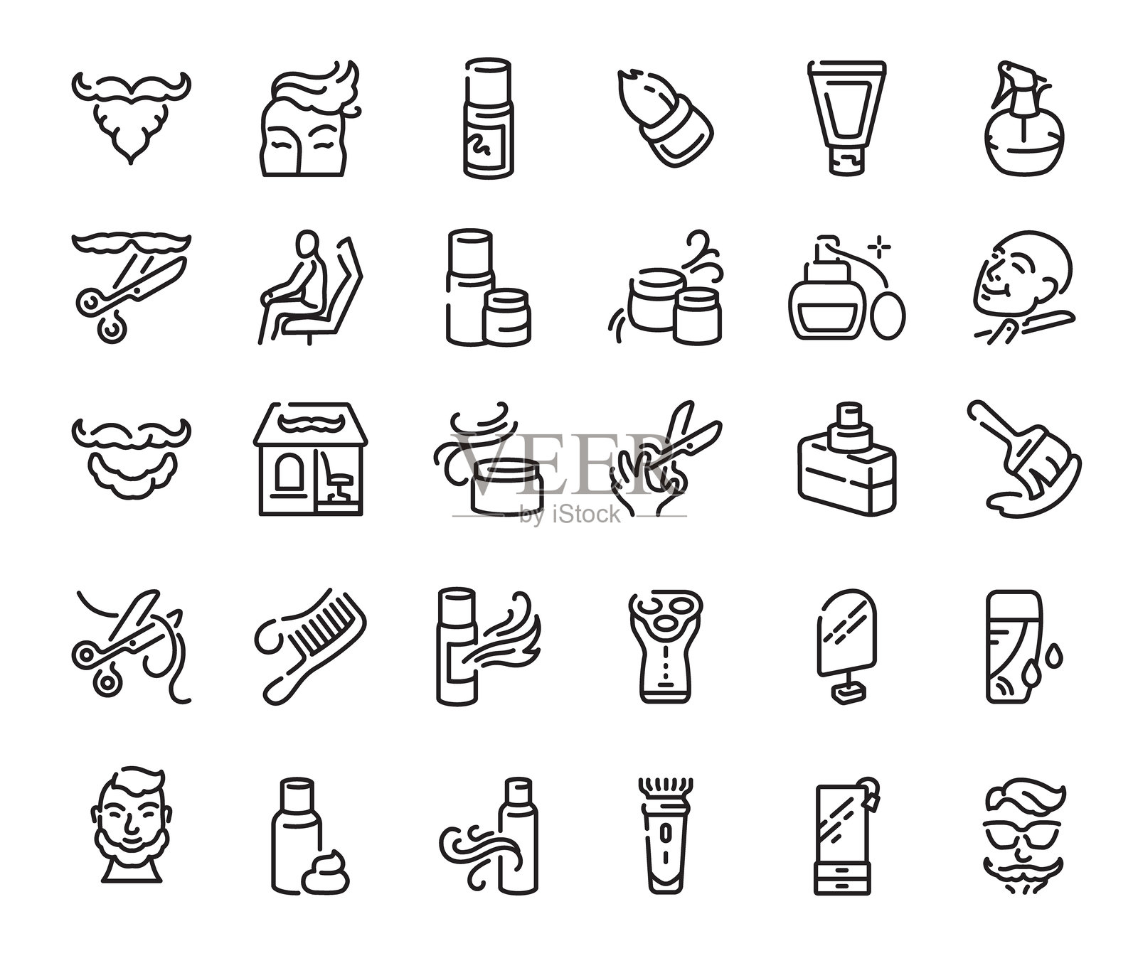 黑色理发和美容线条图标集,可编辑线条,矢量插图插画图片素材