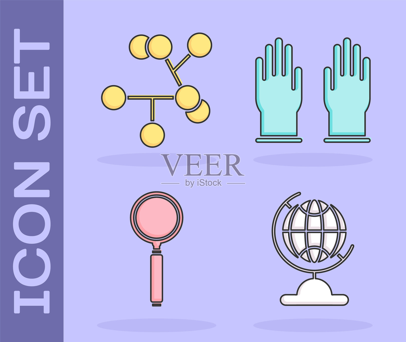 地球仪、分子、放大镜和橡胶手套图标。矢量图。插画图片素材