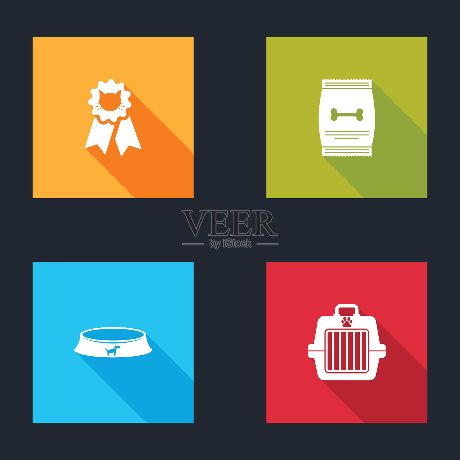 猫咪奖项符号、宠物食品袋、宠物碗和携带箱图标。矢量图。插画图片素材