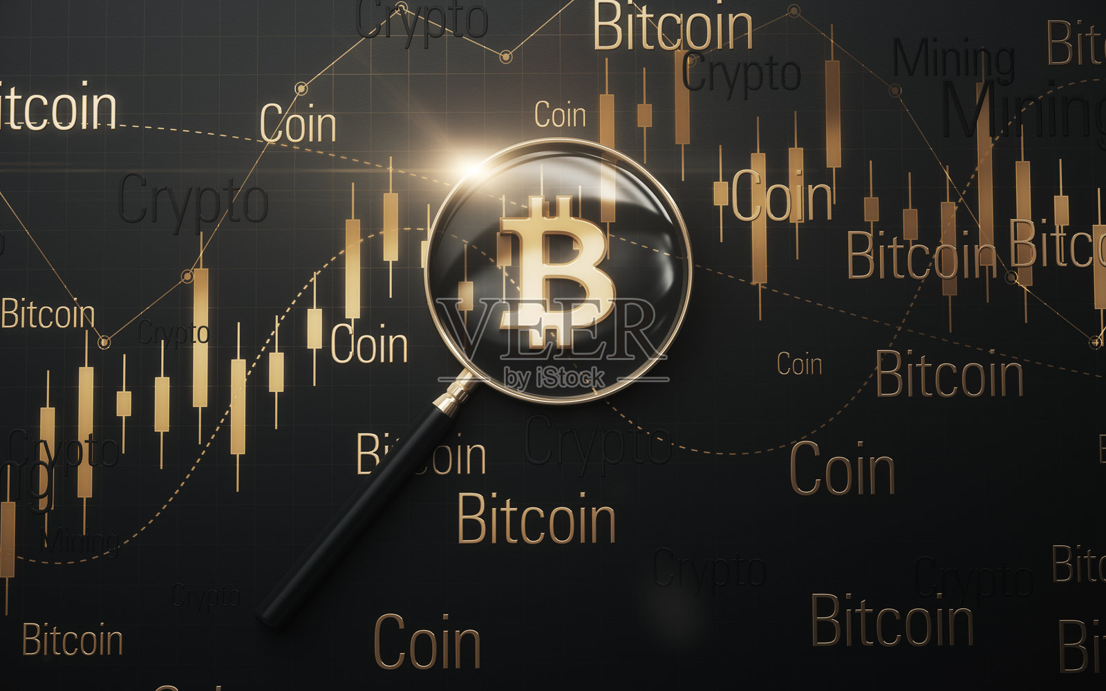 金色比特币字样在黑色和金色金融图表背景中,透过金色放大镜查看的字词之间。照片摄影图片