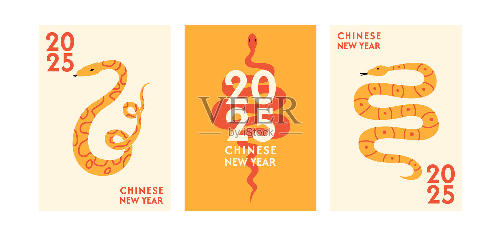 现代简约风格的海报系列,包含蛇和2025年中国新年文字。生肖符号的矢量平面插图。插画图片素材