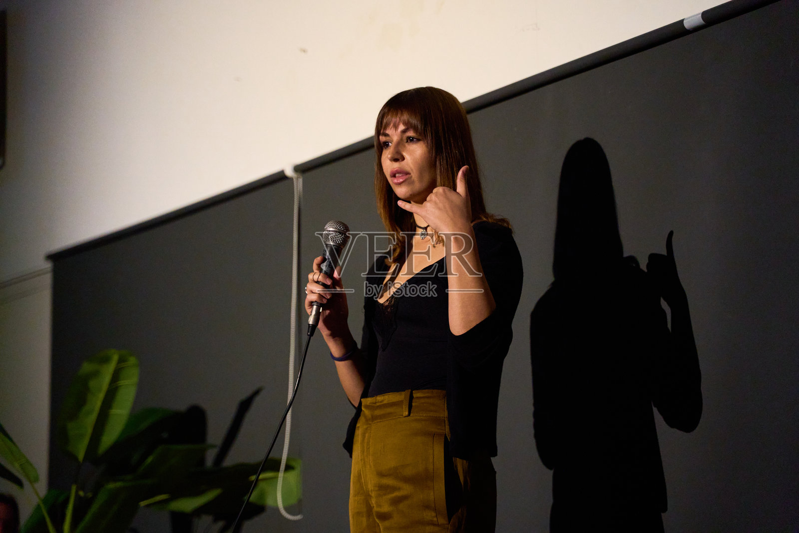 女性表演者在另类剧院的舞台上进行独白,观众在场。照片摄影图片