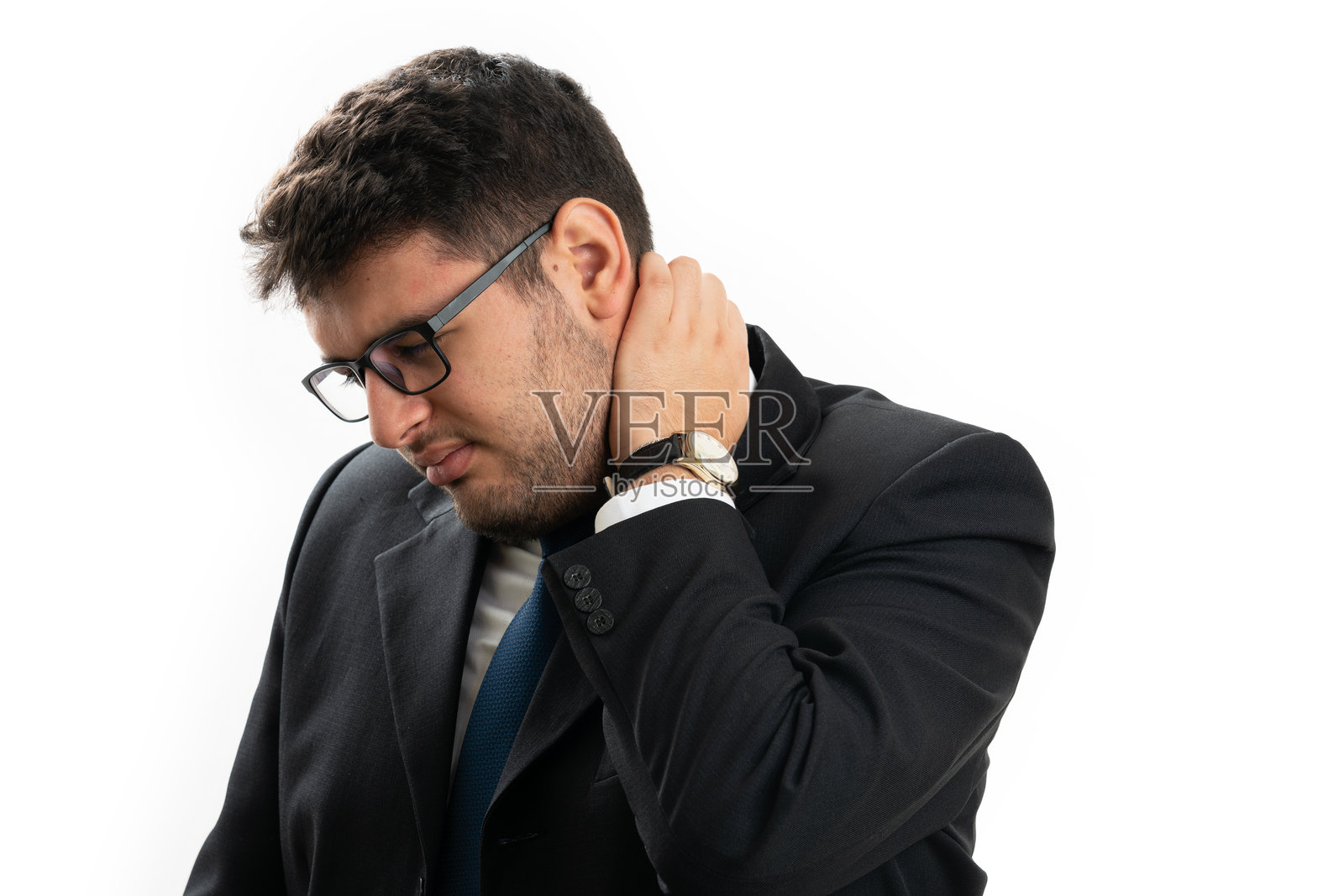 成年商人在办公室触摸疼痛的脖子后部概念照片摄影图片