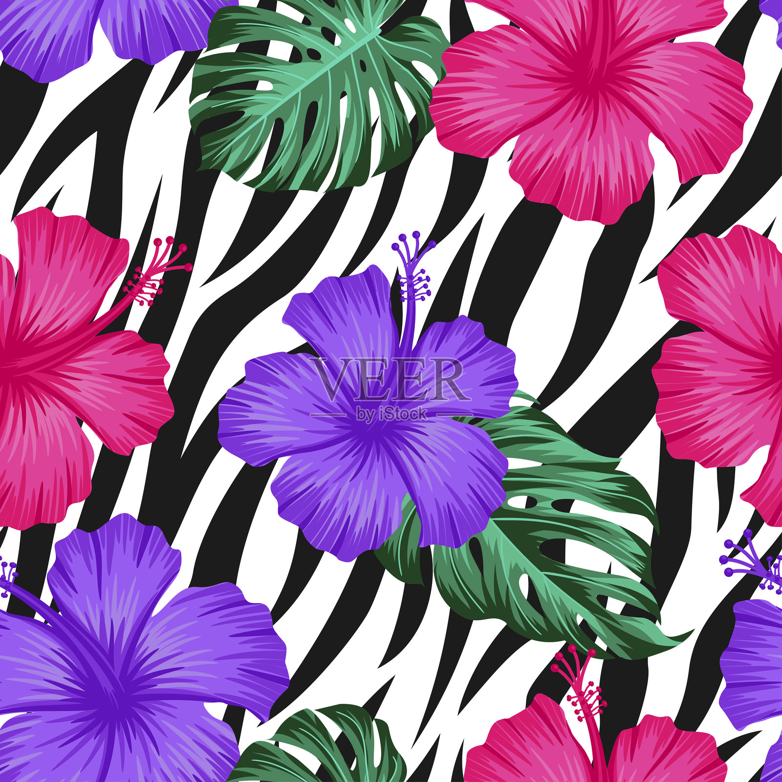 带叶子的花卉无缝图案,热带背景插画图片素材