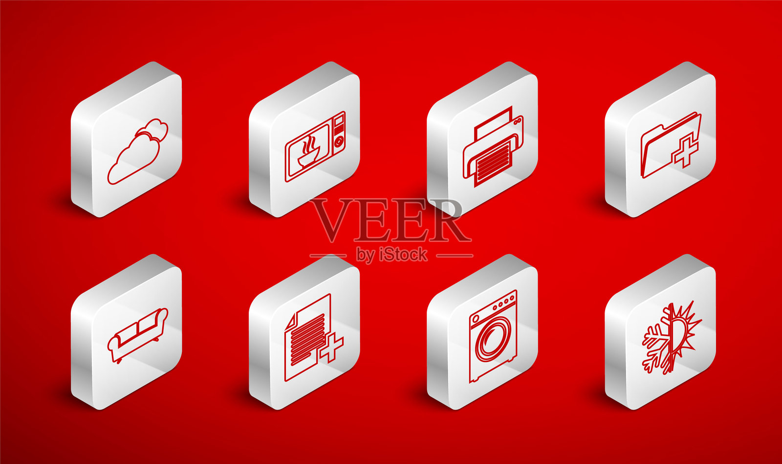 设置线条的太阳和雪花,微波炉,打印机,添加新文件夹,洗衣机,云,文件和沙发图标。矢量图。插画图片素材