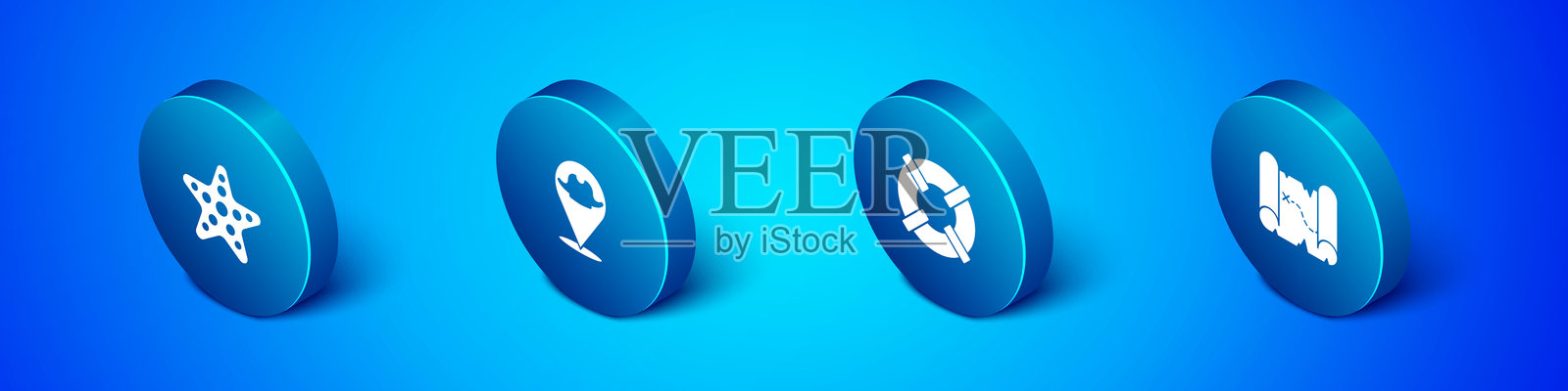 等距海星、救生圈、海盗藏宝图和海盗位置图标。矢量图。插画图片素材