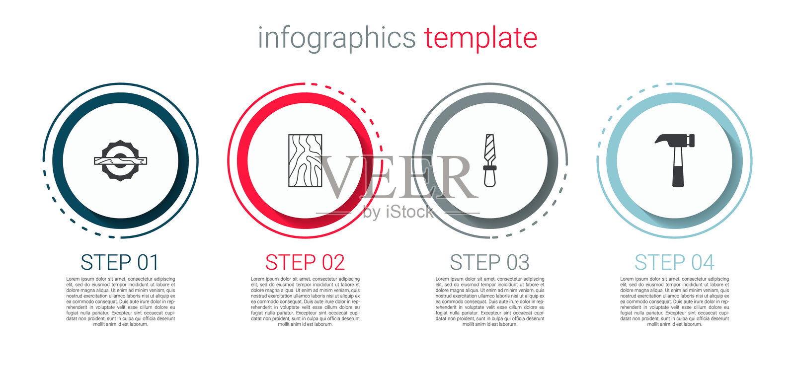 电动圆锯、木梁、金属锉刀和锤子。商业信息图模板。矢量图。插画图片素材