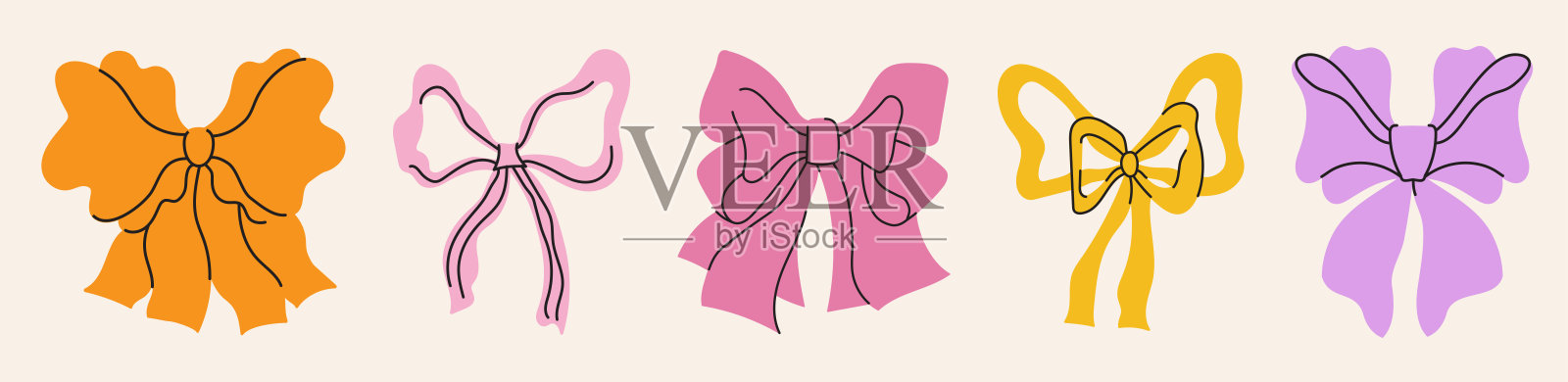 简单线条极简风格的手绘矢量抽象插图,带有装饰性边框,适用于印刷品、邀请函和带有蝴蝶结和丝带的卡片插画图片素材