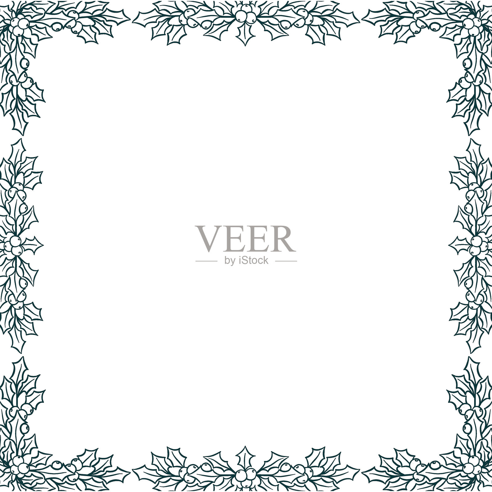 圣诞框架背景,带有冬青叶和浆果边框,矢量手绘设计插画图片素材