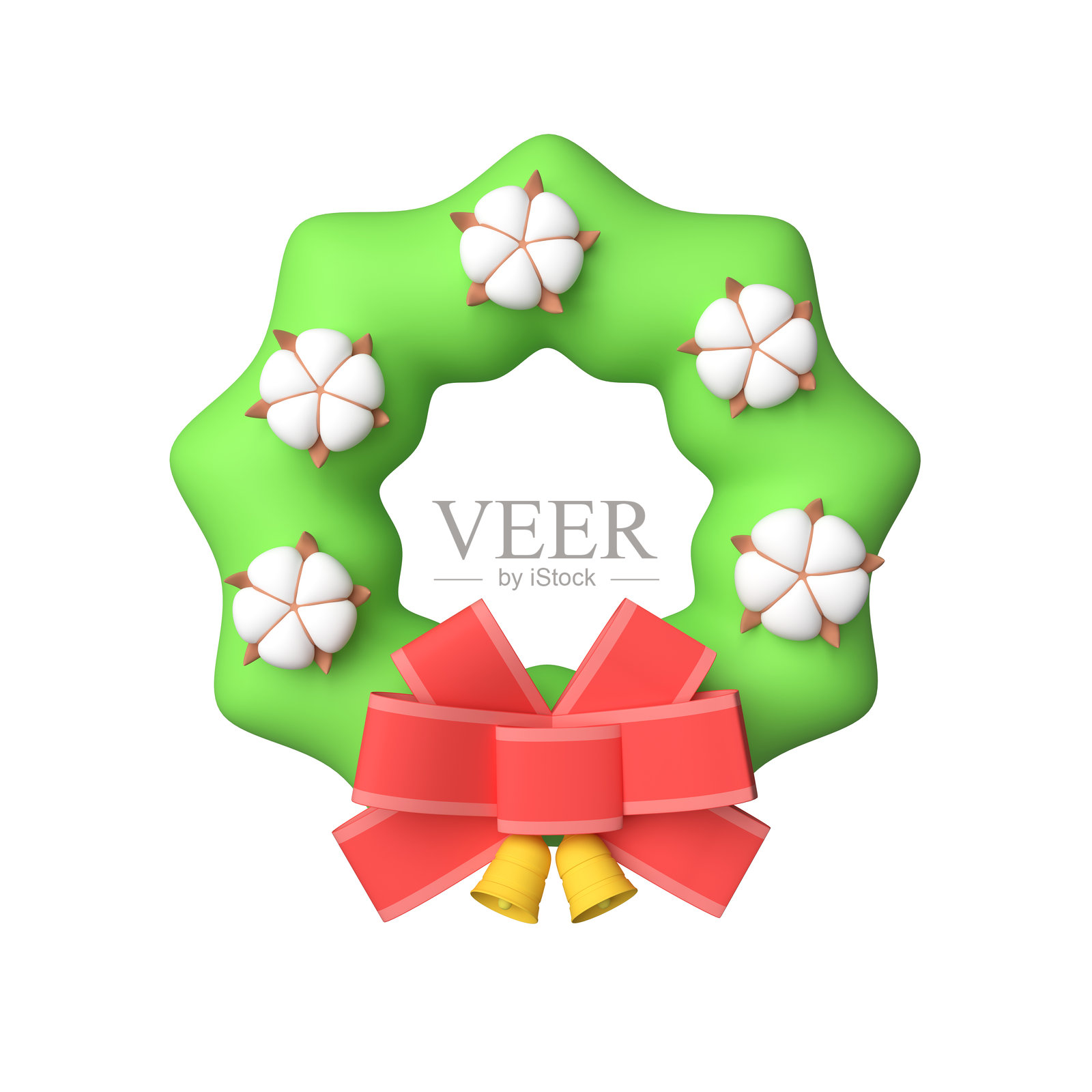 3D 圣诞花环,装饰有棉花、绿叶、大红色蝴蝶结和铃铛。3D 渲染。照片摄影图片