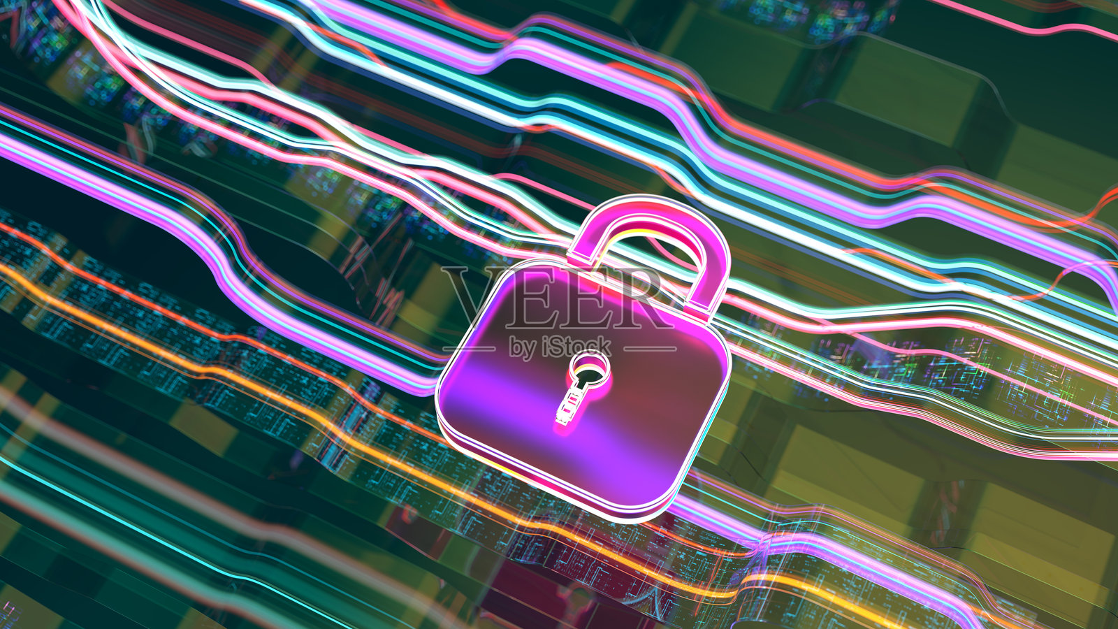 网络安全。锁标志。数字网络保护。带有数据的彩色线条。数据泄露概念。照片摄影图片