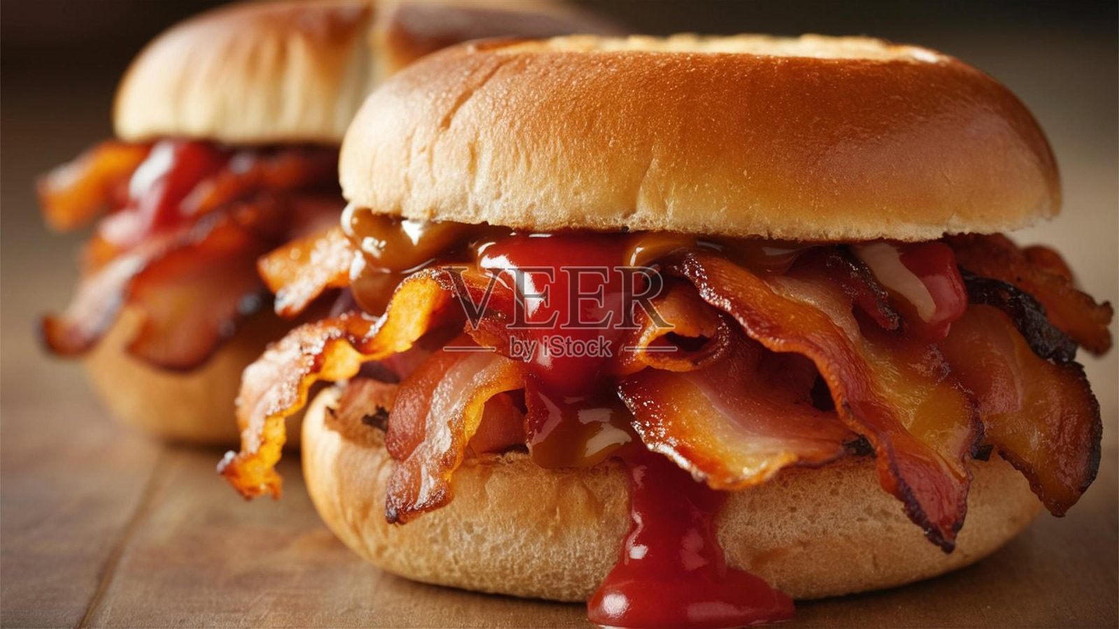 培根三明治配番茄酱照片摄影图片