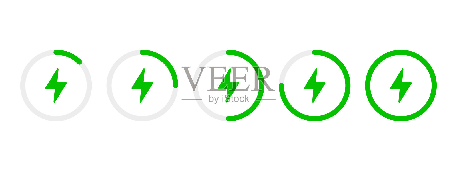电池充电圆形指示图标集。绿色圆形电池电量水平矢量插图合集。带有闪电的圆形图表信息图标。加载过程进度条标志。插画图片素材