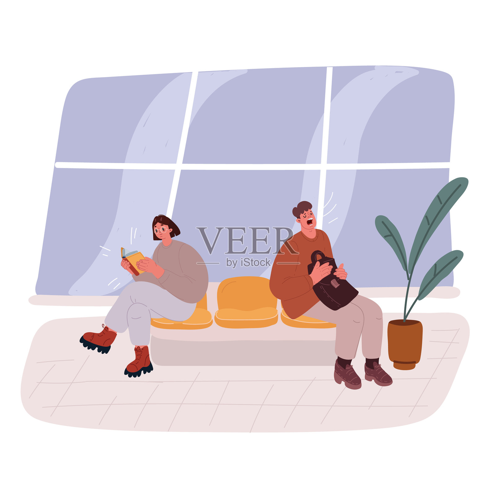 医院接待大厅等候就诊的患者矢量插图。患者在医疗诊所的候诊室内坐着。插画图片素材