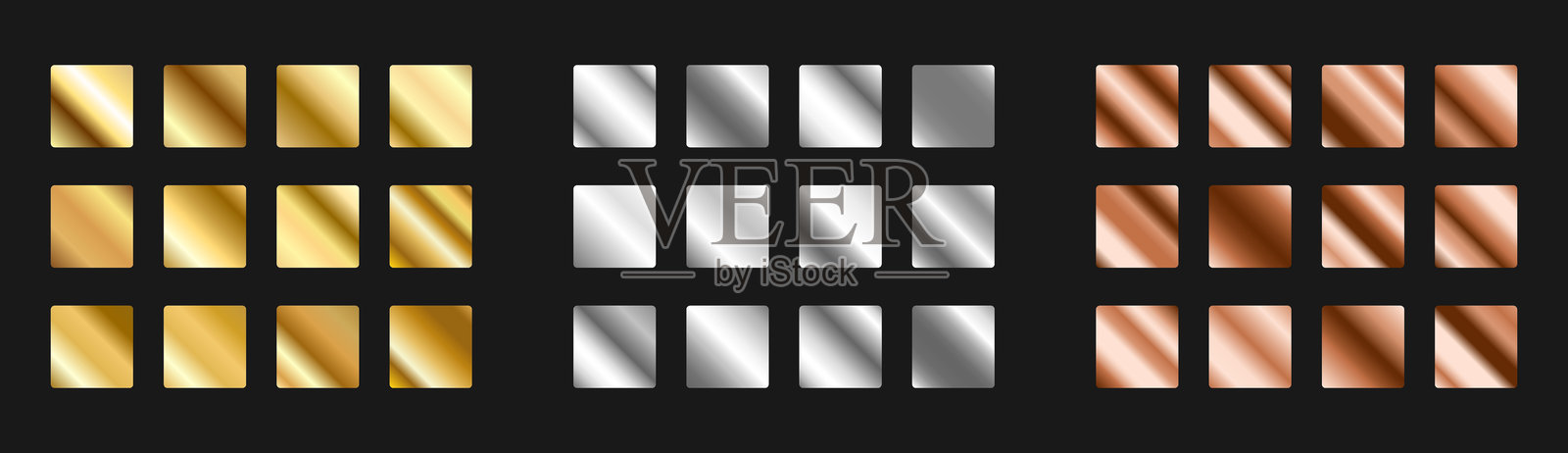 金色、铝制、铜制模板金属背景集。用于框架、横幅、丝带和标签的光泽设计。黑色背景上的矢量插图。插画图片素材