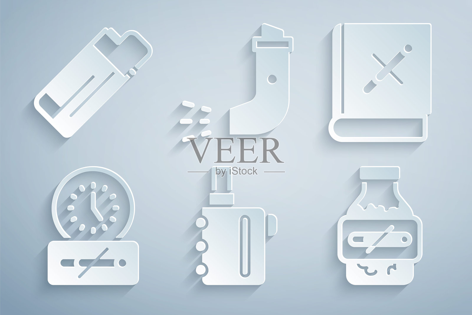 电子烟、带停止标志的书籍、禁烟时间、尼古丁口香糖泡罩包装、吸入器和打火机图标。矢量图。插画图片素材