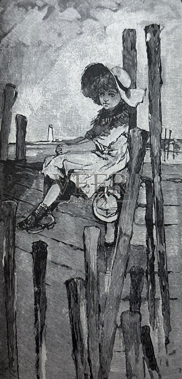 古董插图 - 穿着裙子和帽子的年轻女孩坐在木栈道上插画图片素材