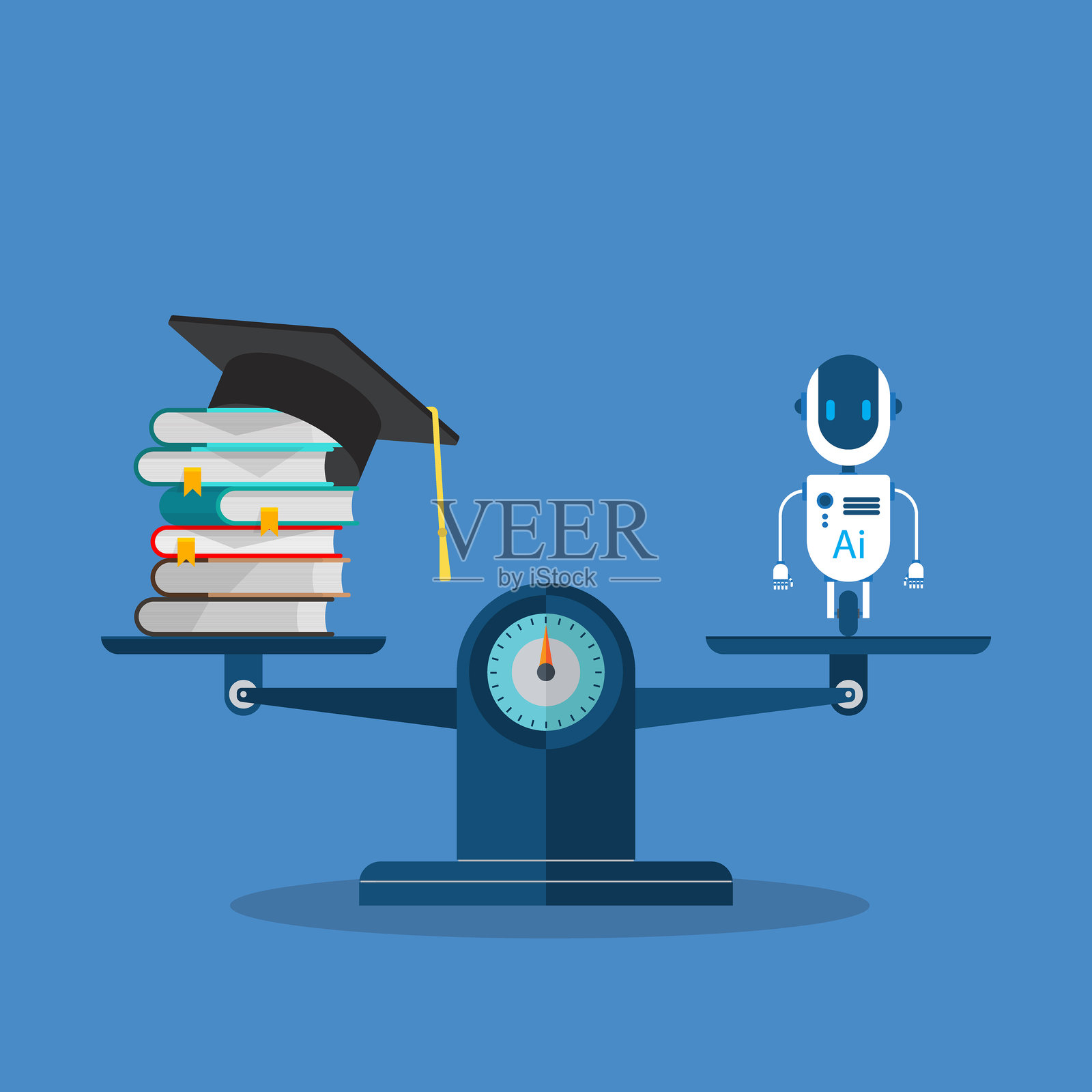 毕业帽、书籍和人工智能机器人在天平上,比较大学学位和人工智能技术。学习概念插画图片素材