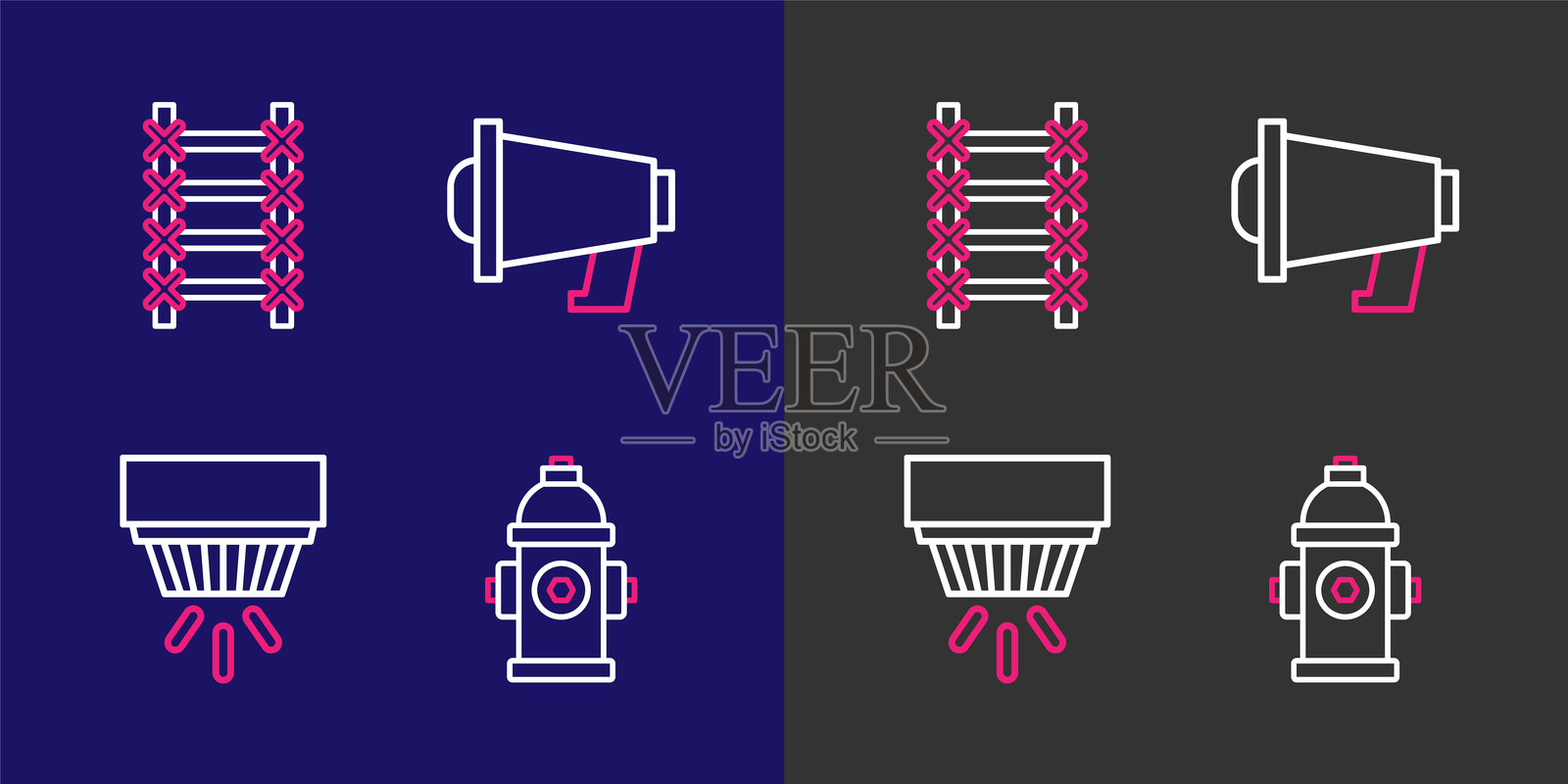 消防栓、烟雾报警系统、扩音器和逃生图标。矢量图。插画图片素材