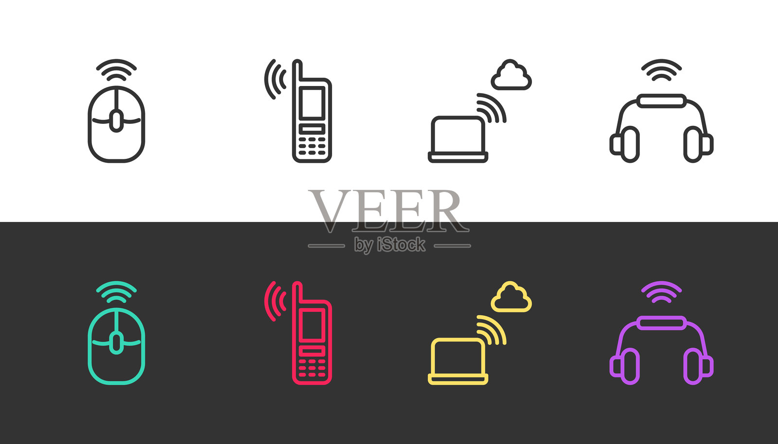 无线电脑鼠标、移动Wi-Fi无线、网络云连接和智能耳机系统的黑白矢量图。插画图片素材