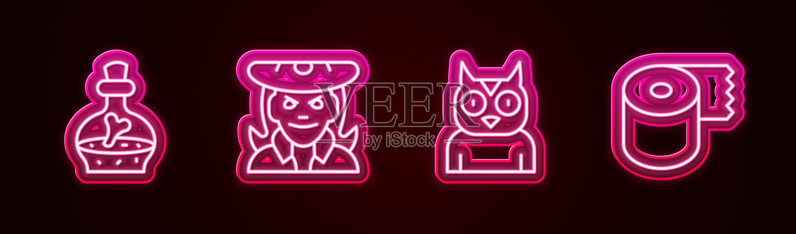 瓶子与药水、女巫、猫头鹰和卫生纸卷的组合。发光的霓虹图标。矢量图。插画图片素材