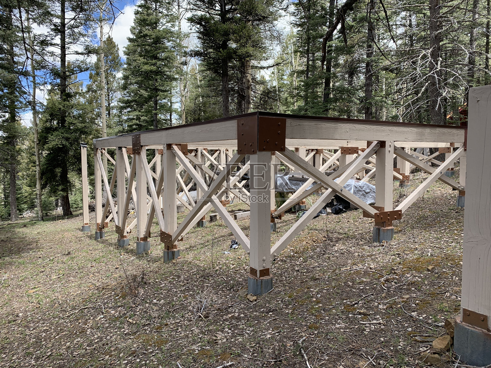 森林中的木结构照片摄影图片