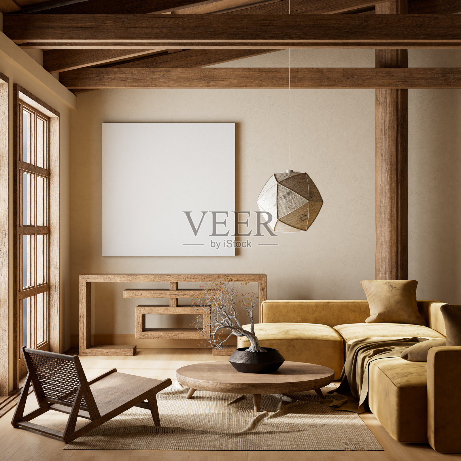 日式室内设计,配有木质家具和原材料。Japandi风格室内的海报框模型。3D插图。照片摄影图片