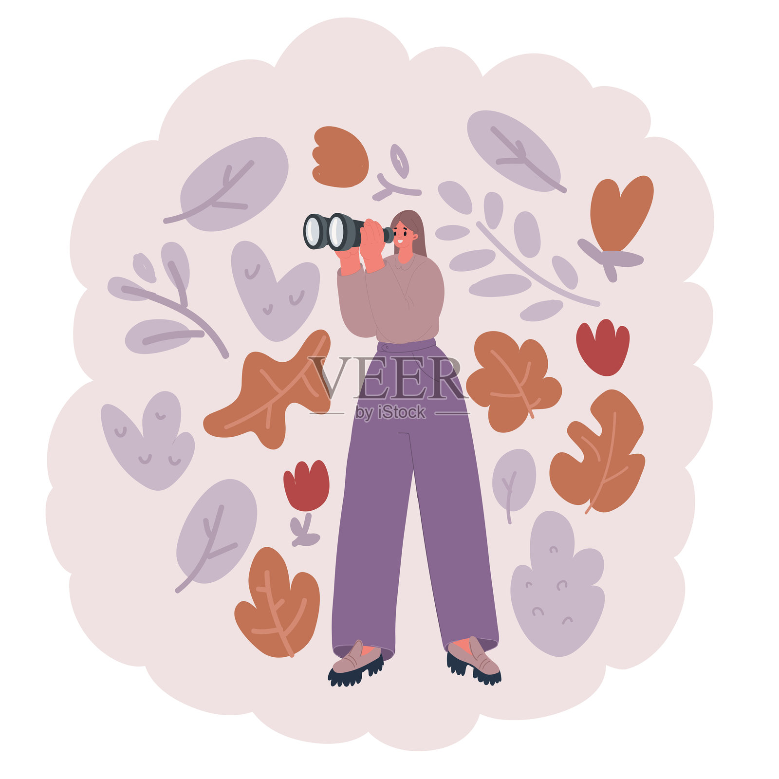 快乐漂亮的女人通过望远镜观察,微笑着看向远方。插画图片素材