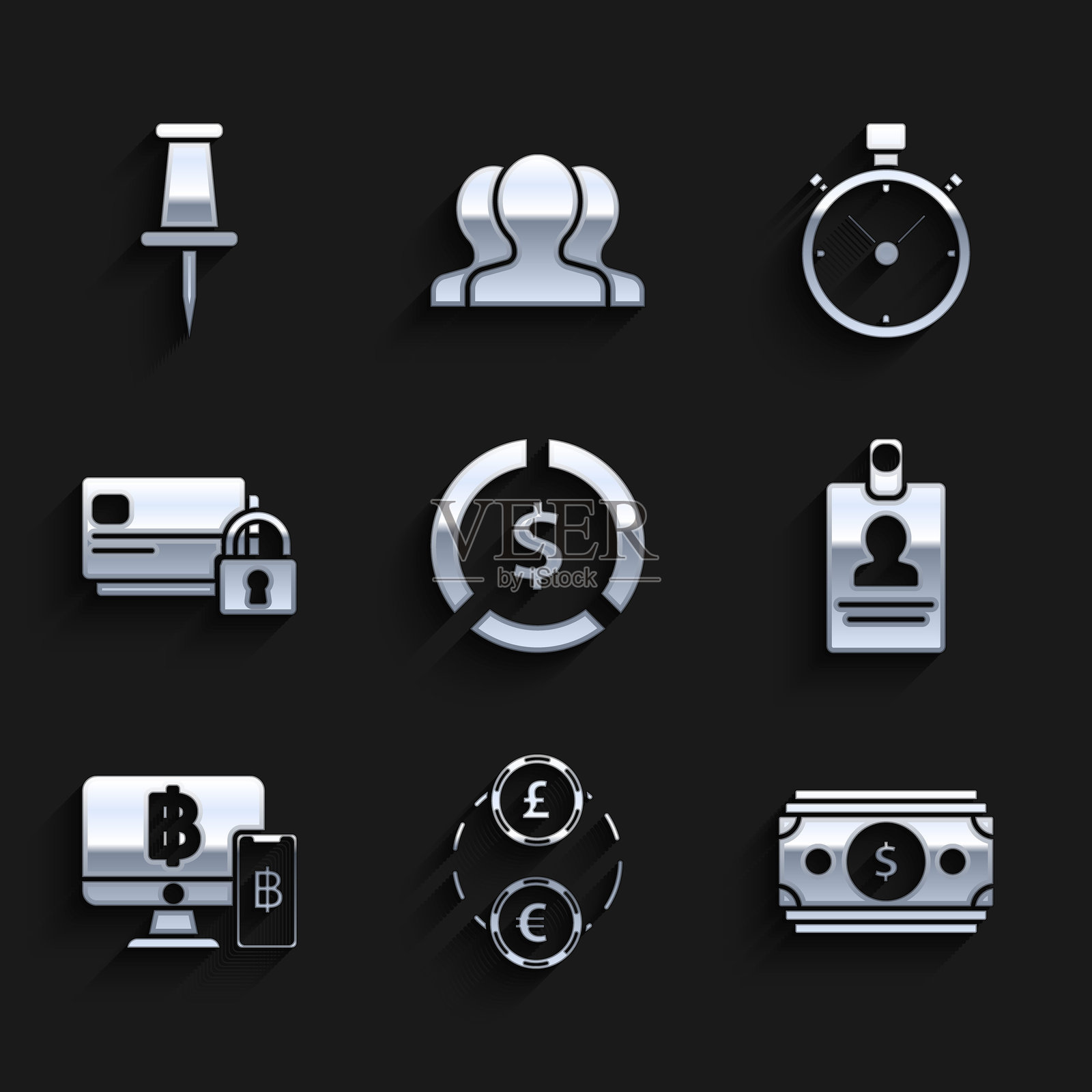 美元符号的硬币,货币兑换,纸币堆,身份证明,电脑显示器、手机和比特币,信用卡锁,秒表和图钉图标。矢量图。插画图片素材