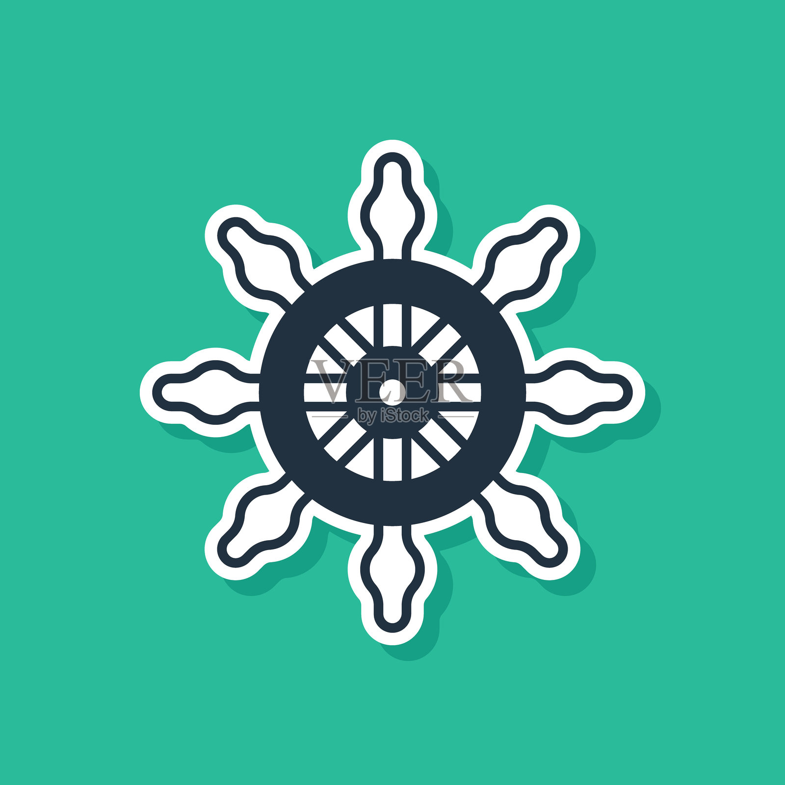 蓝色船舵图标,背景为绿色。矢量图。插画图片素材