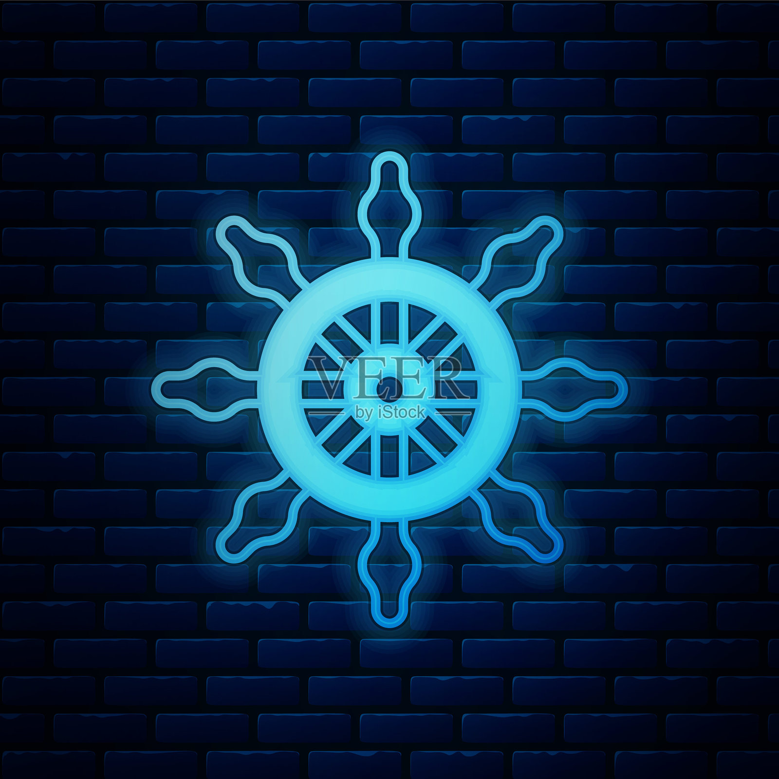 发光的霓虹船舵图标,背景为砖墙。矢量图。插画图片素材