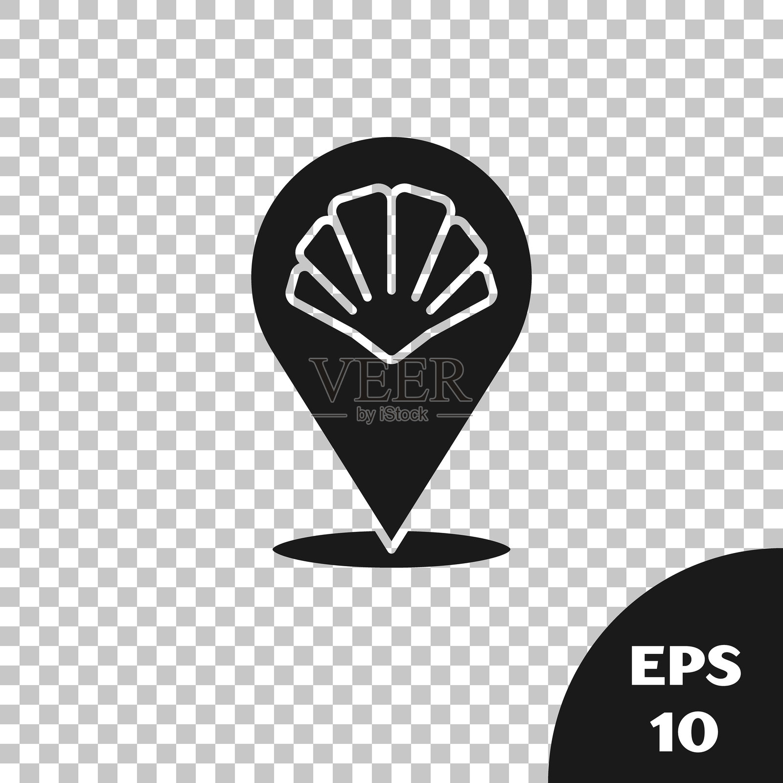 黑色扇贝海洋贝壳图标,背景透明。贝壳标志。矢量图。插画图片素材