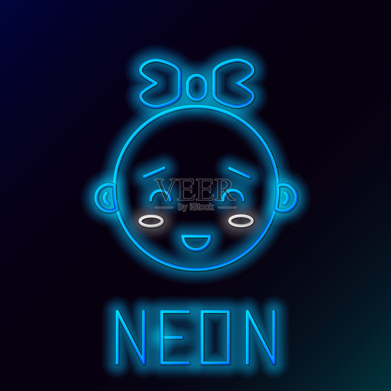 发光的霓虹线条快乐小女孩头像图标,背景为黑色。婴儿女孩的面孔。彩色轮廓概念。矢量图。插画图片素材