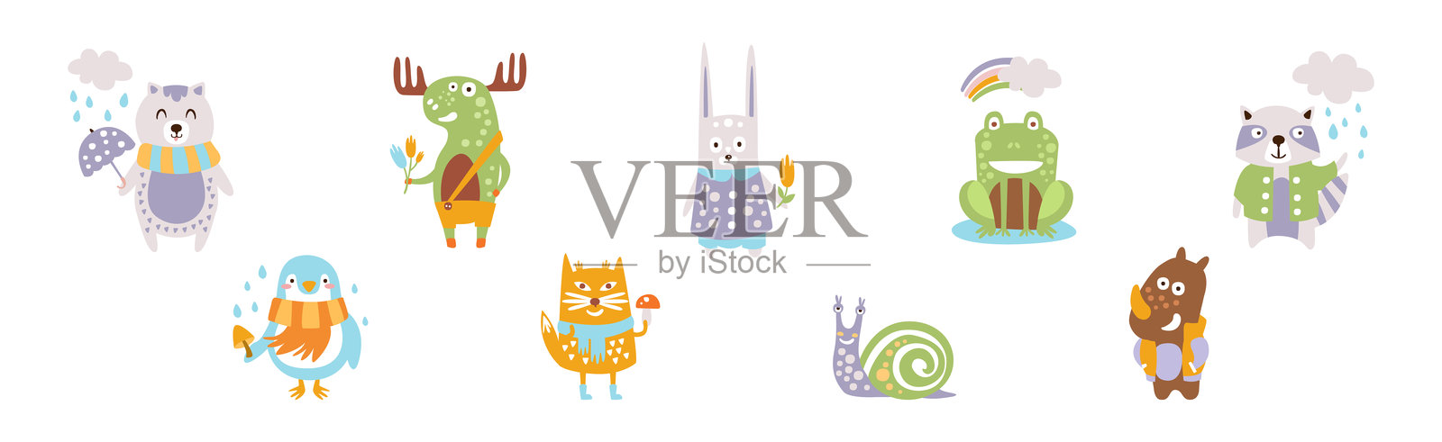 可爱的快乐动物与精美的鼻子斯堪的纳维亚风格矢量图集插画图片素材