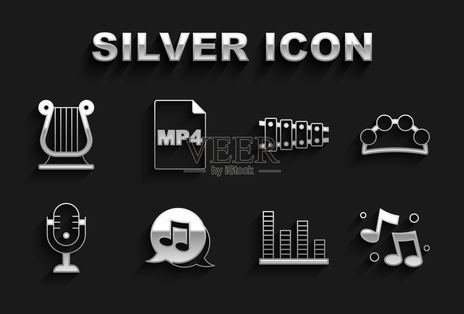 音乐音符、音调、铃鼓、均衡器、麦克风、木琴、古希腊里拉琴和MP4文件图标。矢量图。插画图片素材