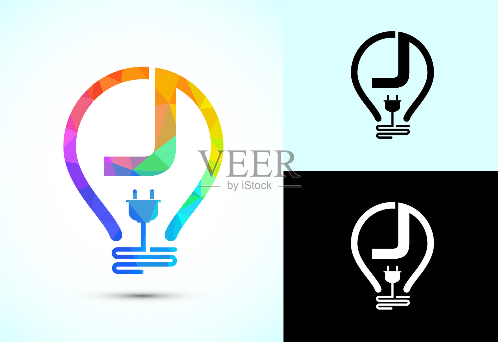 带有电灯泡和插头的字母J。低多边形风格的电力标志设计模板。插画图片素材