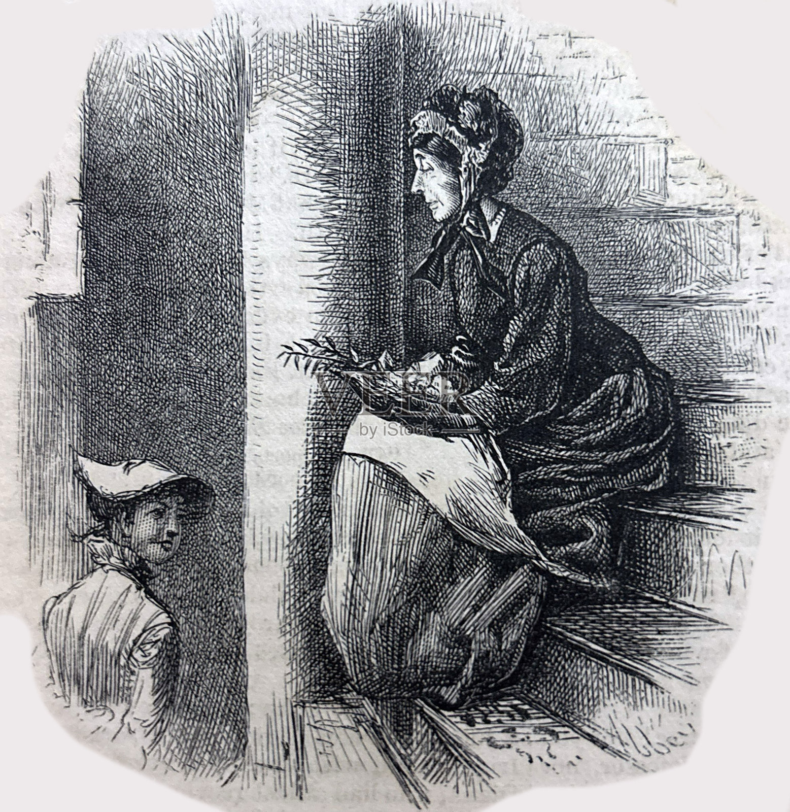 古老插图 - 一位老年女性坐在台阶上,手中捧着一碗食物。插画图片素材