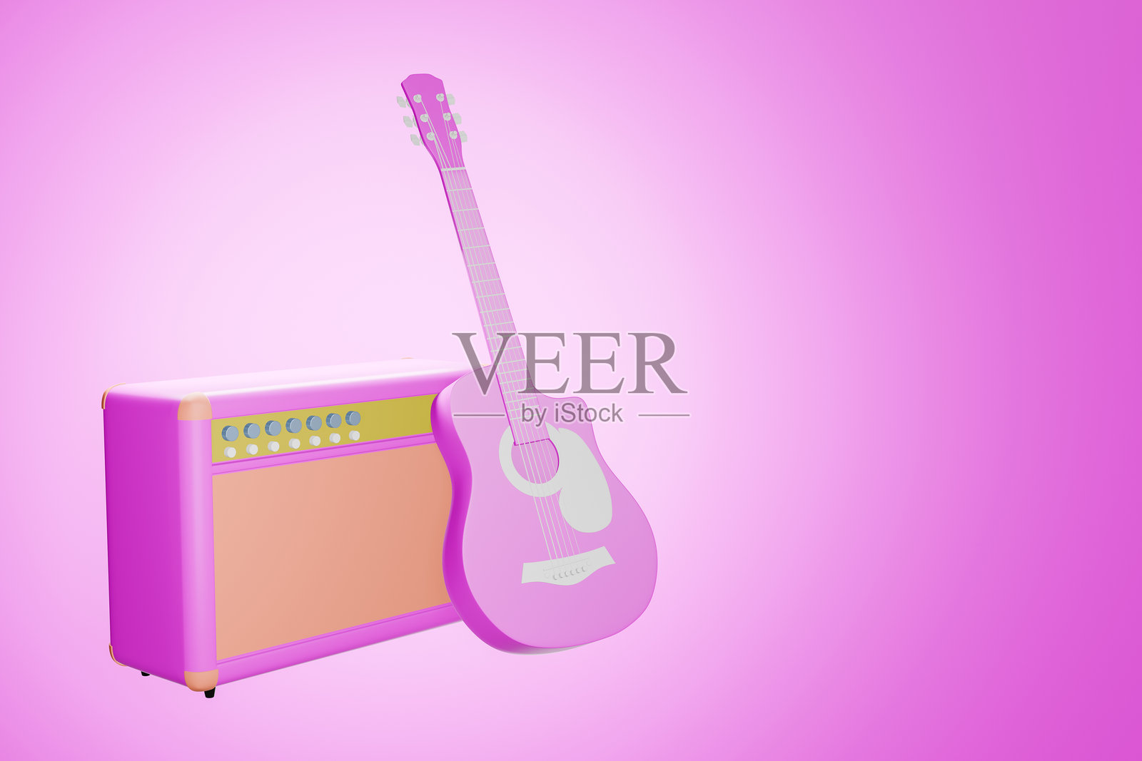 电吉他,粉色贝斯吉他与吉他放大器,适合以极简风格设计音乐,背景为粉色,3D插图渲染。照片摄影图片